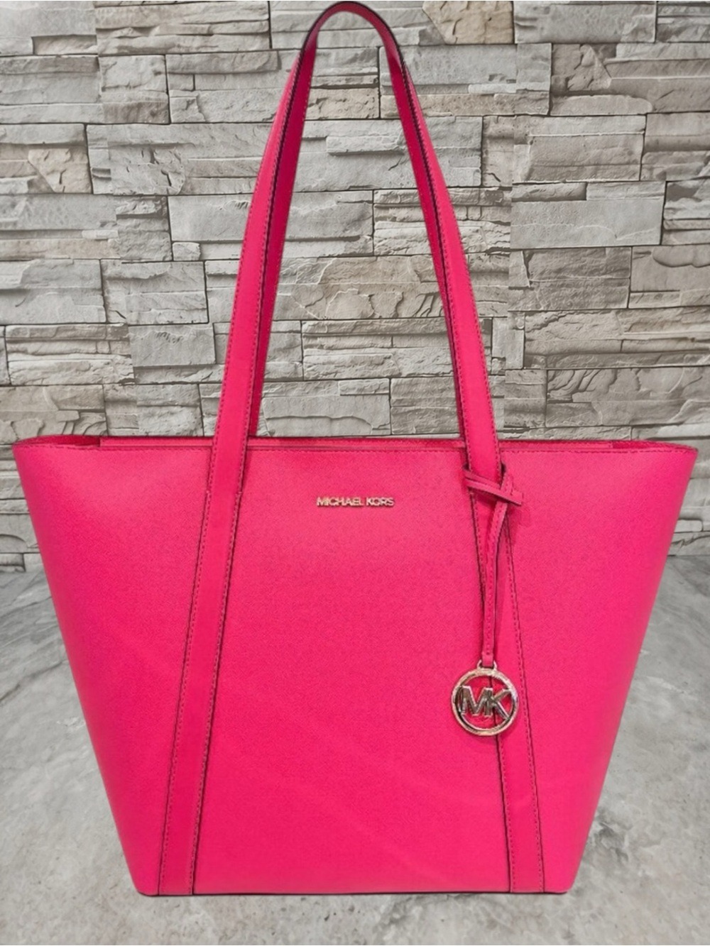 Michael Kors Pratt Large Top Zip Lesthef Tote Electric Pink
